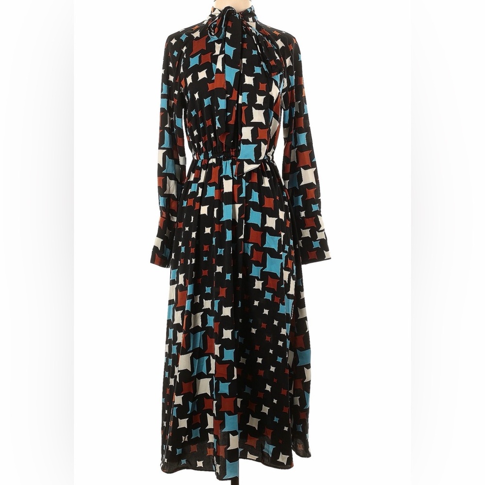 Nine West Black Midi Dress with Teal, Rust & Cream Geometric Print